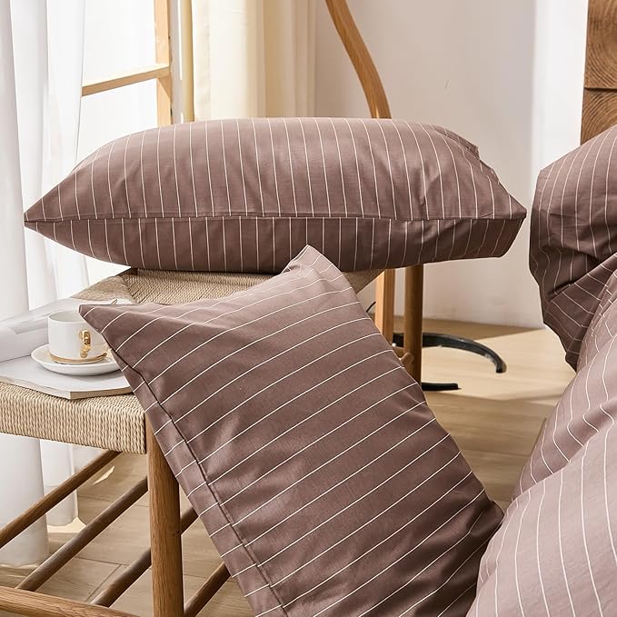 Merryword 100% Cotton Duvet Cover Set King Size, Brown Pinstripe Bedding Set with 2 Pillowcases, Soft Breathable Comforter Cover, Natural Cotton Linen Like Bedding Set for Cozy Home Bedroom