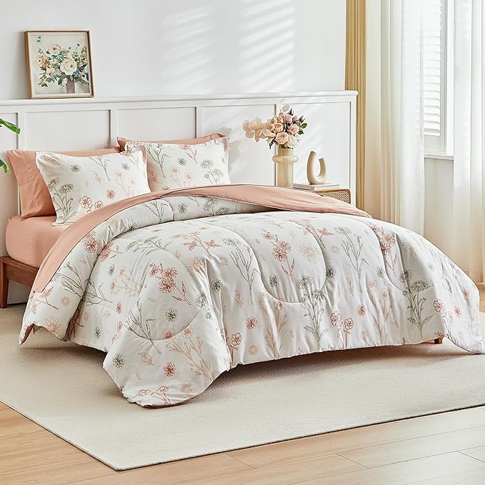 AIKASY Bed in a Bag 6 Pieces - Floral Print - Soft Microfiber, Reversible Bed Comforter Set (1 Comforter, 2 Pillow Shams, 1 Flat Sheet, 1 Fitted Sheet, 1 Pillowcases) (Sea Green, Twin)
