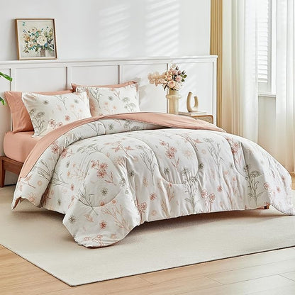 AIKASY Bed in a Bag 7 Pieces - Floral Print - Soft Microfiber, Reversible Bed Comforter Set (1 Comforter, 2 Pillow Shams, 1 Flat Sheet, 1 Fitted Sheet, 2 Pillowcases) (Sea Green, Queen)