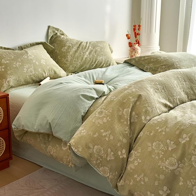 mixinni 100% Washed Cotton Cover Set, Reversible Vintage Green Floral Butterfly Jacquard Textured Comforter Cover, Boho Farmhouse Bedding Set with Zipper Closure for All Season, Queen Size