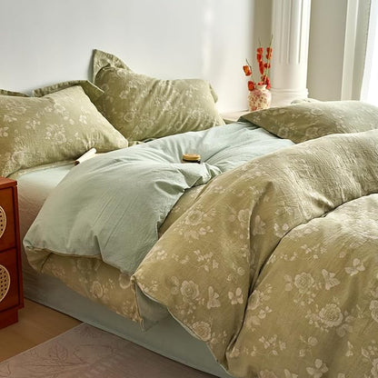 mixinni 100% Washed Cotton Cover Set, Reversible Vintage Green Floral Butterfly Jacquard Textured Comforter Cover, Boho Farmhouse Bedding Set with Zipper Closure for All Season, Queen Size