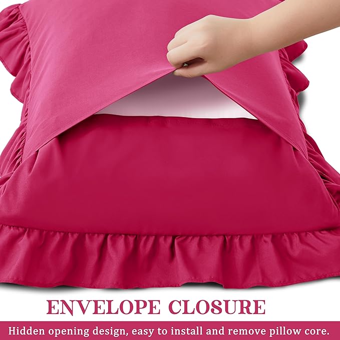 KKJIAF Ruffle Pillow Cases Standard Size Set of 2, Ruffled Pillow Covers with Envelope Closure, Wrinkle Resistant Ruffled Pillow Shams 20" x 26", Hot Pink