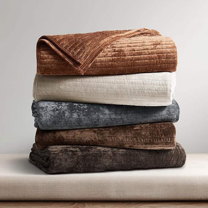 EVERGRACE Velvet Quilt Set King Size, Luxurious Soft Striped Channel Bedding Set, Lightweight Velvet Comforter for All Season, Oversized Bedspread Coverlet with 2 Matching Shams, Rust Brown