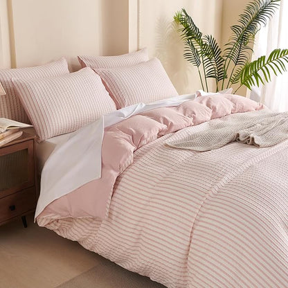 Comforter King Set Pink Striped Soft Luxury Washed Microfiber Jacquard 3 Pieces Bedding, White Pink Vertical Ticking Stripes Pattern Comforter with 2 Pillowcases Breathable Durable Comfy