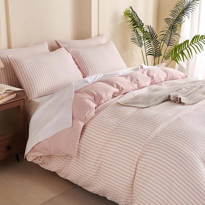 Striped Comforter Set Queen Pink Soft Luxury Washed Microfiber Jacquard 3 Pieces Bedding Set, White Pink Vertical Ticking Stripes Pattern Comforter with 2 Pillowcases Breathable Durable Comfy