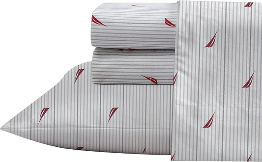 Nautica - Twin Size Sheet Set, Crisp & Tailored Cooling Sheets with a Smooth Cotton Percale Lightweight Feel - Bed Sheets with Matching Pillowcase & Fitted Sheet (Audley Stripe Red
