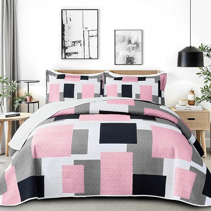 3 Piece Pink Grey Quilt Set King Size Pink Gray White Geometric Reversible Bedding Set Microfiber Lightweight Bedspread Coverlet with 2 Shams Modern Bed Cover for All Season, 106''x96''