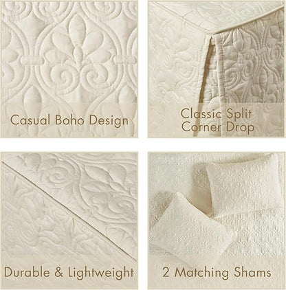 Madison Park Quebec Split Corner Quilted Bedspread Classic Traditional Design All Season, Lightweight, Bedding Set, Matching Shams, King, Damask Quilted Cream 3 Piece