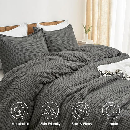 PHF Ultra Soft Waffle Weave Comforter Set California King Size, 3 Pieces Lightweight Breathable Comfy Bedding Set, Comfy Textured 1 Comforter with 2 Pillow Shams, Grey
