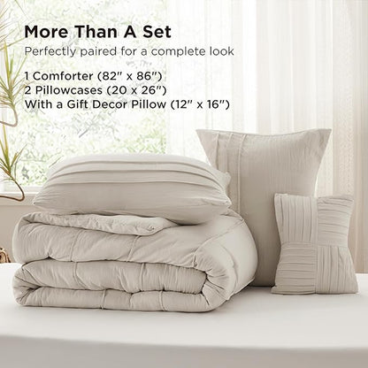 Bedsure Full Comforter Set - 4 Pieces Pinch Pleat Bed Set, Beige Boho Bedding for All Season, 1 Soft Comforter, 2 Pillowcases, 1 Decorative Pillow