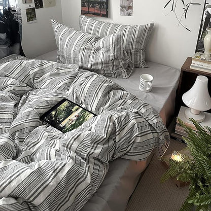 VM VOUGEMARKET Striped Duvet Cover Set Queen 100% Washed Cotton Bedding Set 3 Piece Pinstriped Comforter/Quilt Cover with Zipper Closure Corner Ties,Modern Cozy for Boys Men(White&Grey)