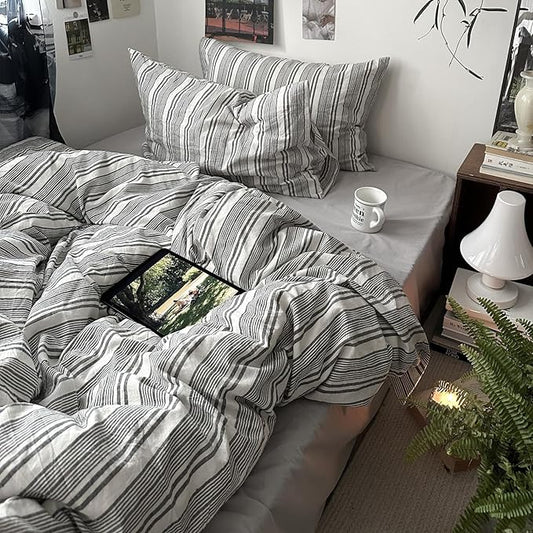 VM VOUGEMARKET Striped Duvet Cover Set Queen 100% Washed Cotton Bedding Set 3 Piece Pinstriped Comforter/Quilt Cover with Zipper Closure Corner Ties,Modern Cozy for Boys Men(White&Grey)