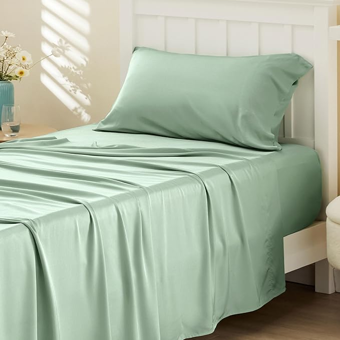 Bedsure Cooling Sheets Twin, Rayon Derived from Bamboo, PureWoven, Breathable & Soft Twin Sheets Set, Deep Pocket Up to 16 Inches, Hotel Luxury Silky Bedding for Hot Sleepers, Sage Green