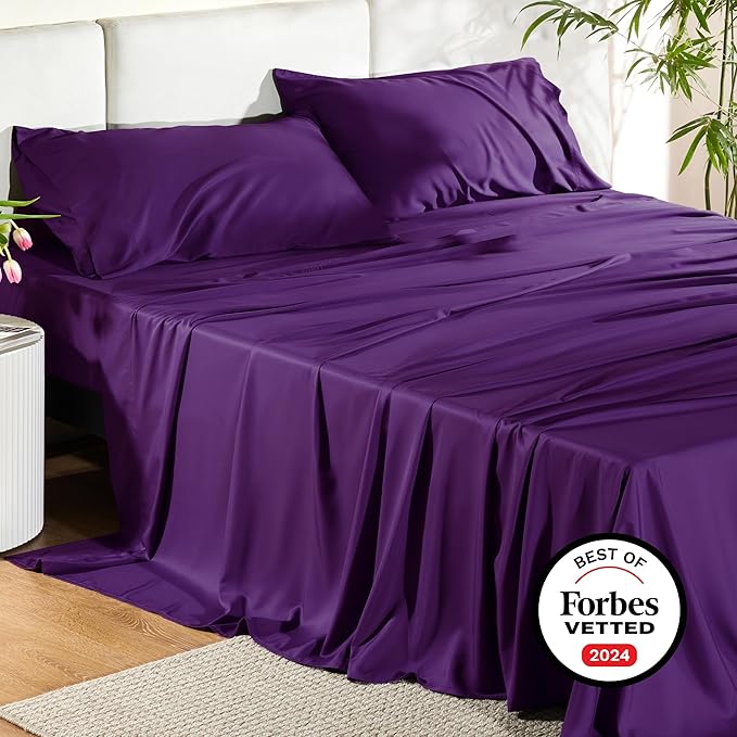 Bedsure Full Size Bed Sheets, Cooling Sheets, Rayon Derived from Bamboo, PureWoven, Breathable & Soft, Deep Pocket Up to 16 Inches, Hotel Luxury Silky Bedding for Hot Sleepers, Plum