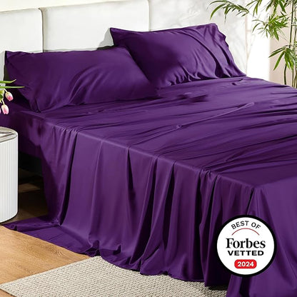 Bedsure California King Sheet Sets, Cooling Sheets for Hot Sleepers, Rayon Derived from Bamboo, PureWoven, Breathable & Soft, Deep Pocket Up to 16 Inches, Hotel Luxury Silky Bedding, Plum