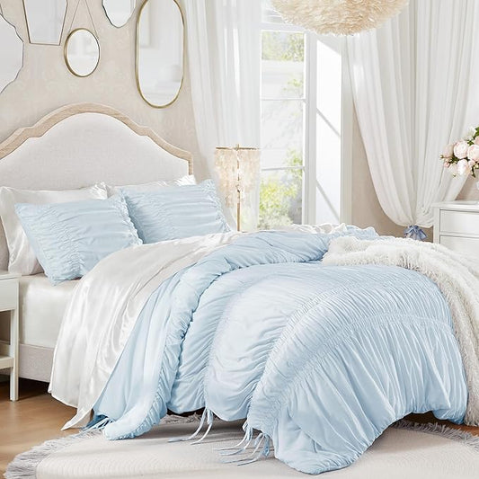Intelligent Design Ruched Shabby Chic Comforters for King Size Bed, All Season Lightweight Comforter King, French Country Bedding Set, Sham, Ella, King/Cal King, Blue, 3 Piece