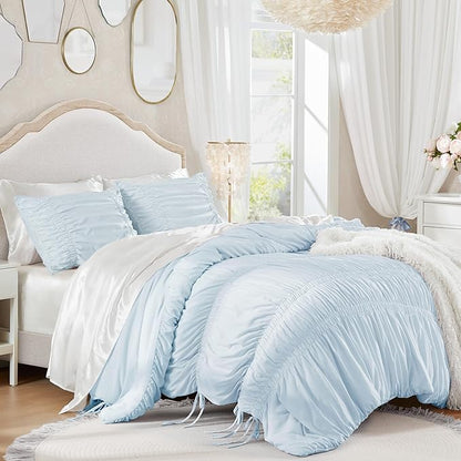 Intelligent Design Ruched Shabby Chic Comforters for Queen Size Bed, All Season Lightweight Comforter Queen, French Country Bedding Set, Sham, Ella, Full/Queen, Blue, 3 Piece