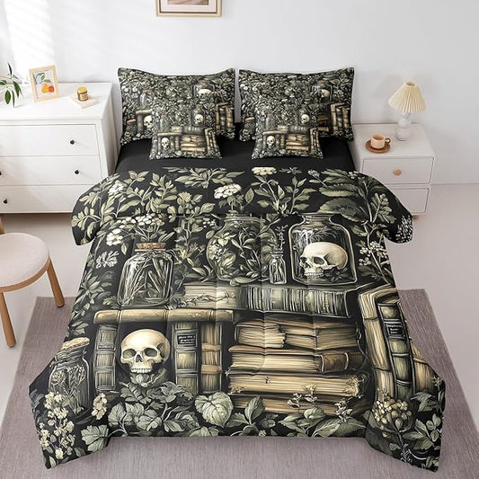 jejeloiu Dark Academia Bedding Set 7Pcs King Size Kids Skull Comforter Set with Sheets for Boys Girls Goth Bed in a Bag Soft Lightweight,Microfiber