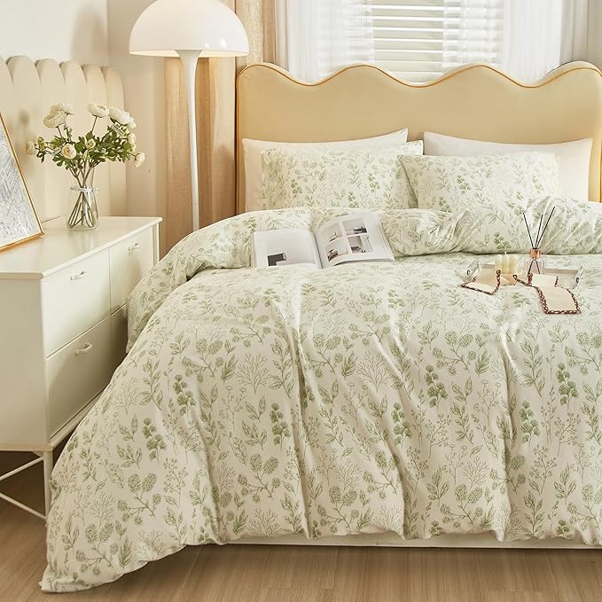 HighBuy Green Floral Comforter Set King Size Boho Bed Comforter Coquette Fluffy for Women Girls 3 Piece Warm Bedding Sets 1 Lightweight Comforter King and 2 Pillowcases