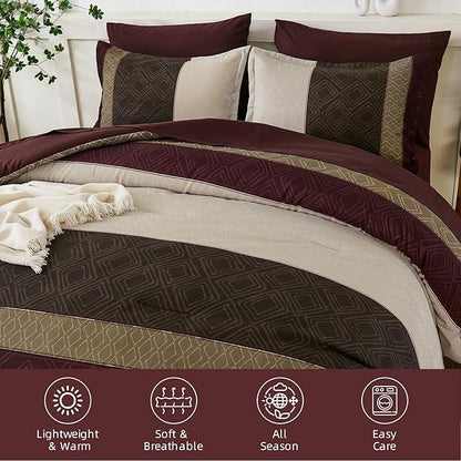 Dinjoy Boho Queen Comforter Set Burgundy,7 Piece Bed in a Bag Queen Size Warm Striped Dark Red Bedding Sets Plaid Fall Comforters Set with Sheets for Family All Season
