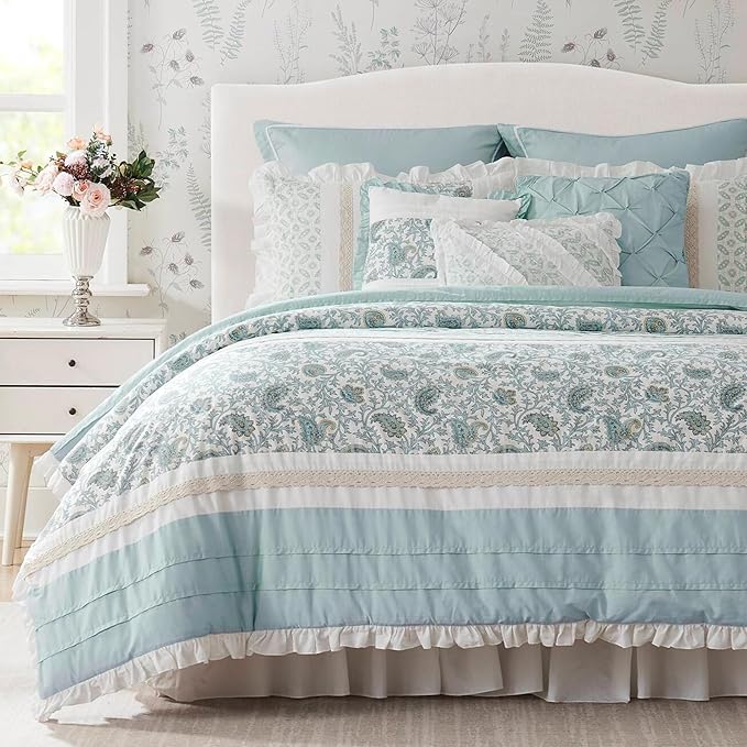 Madison Park Dawn 100% Cotton Shabby Chic Comforter Set-Modern Cottage Design All Season Down Alternative Bedding, Matching Shams, Bedskirt, Decorative Pillows, Cal King(104"x92"), Aqua 9 Piece