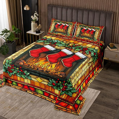 Christmas Stocking Kids Bedspread Queen Size,Merry Christmas Poinsettia Flower Rustic Cabin Coverlet Set,Boys Girls Room Decor,Geometric Plaid Quilted Coverlet,Red Xmas Bedding Quilt,2 Pillowcases