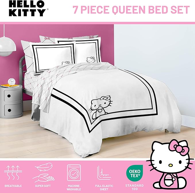 Jay Franco Comforter Set Includes Sheets and Pillow Covers - Soft and Cozy Bed Set for Stylish Room Decor, White - Hello Kity 7 Piece Queen Size Bedding