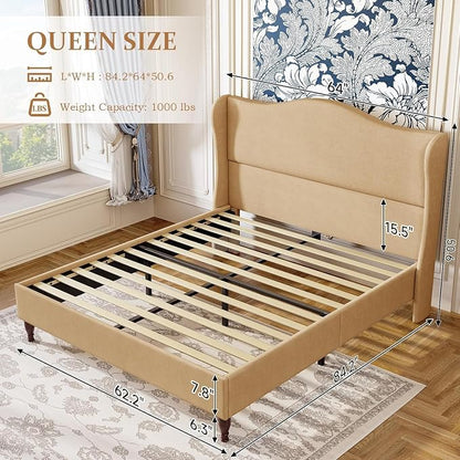 koorlian Queen Upholstered Bed Frame with 51'' Tall Headboard, Warm Brown | Reinforced Platform Bed, Easy Assembly, Soft Fabric, Sleigh Wingback, Solid Wood Retro Legs, Noise-Free, Classic & Simple