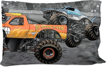 Jay Franco Monster Jam Grave Finish Line 1 Single Reversible Pillowcase Features Grave Digger, Megalodon, & El Toro Loco - Double-Sided Kids Super Soft Bedding