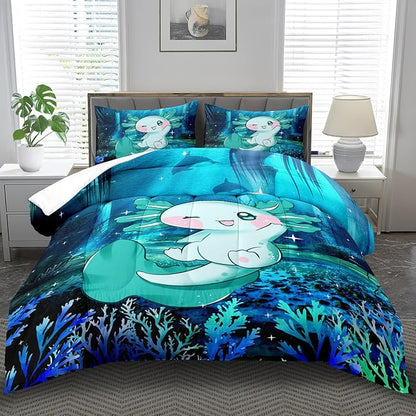 Cute Axolotl Comforter Set Kids Blue Axolotl Bedding Set Boys Girls King Size Kawaii Ocean Animal Print Comforter Boys Girls Ocean Sealife Room Decor Blue Fish Quilt Bedding
