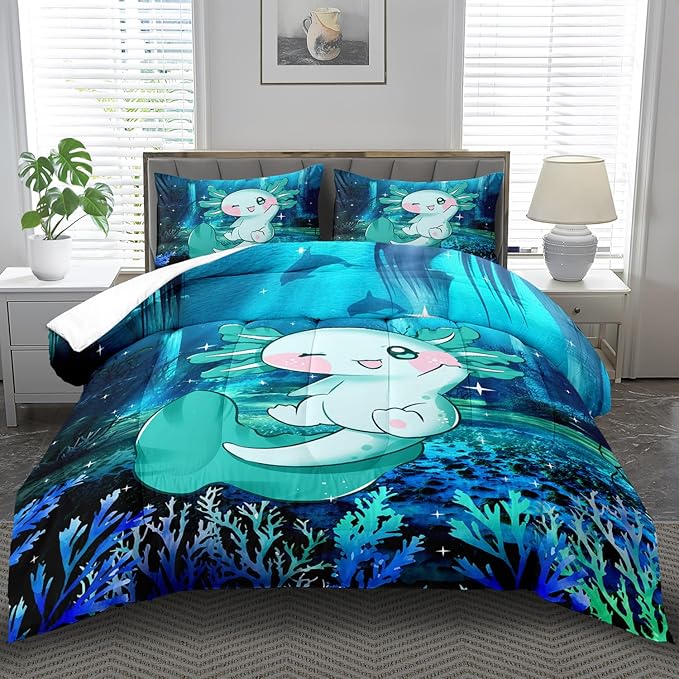 Cute Axolotl Comforter Set Kids Blue Axolotl Bedding Set Boys Girls Queen Size Kawaii Ocean Animal Print Comforter Boys Girls Ocean Sealife Room Decor Blue Fish Quilt Bedding