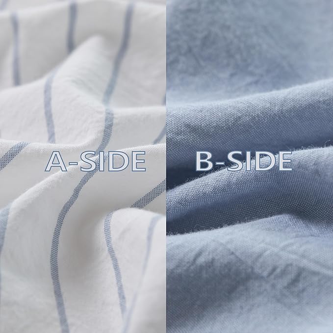 Reversible Duvet Cover Set 100% Washed Cotton Sky Blue Stripe Linen Feel Duvet Cover Super Queen Size with Zipper Closure & 2 Pillow Shams,Sky Blue/White Stripe Reverse Solid Sky Blue