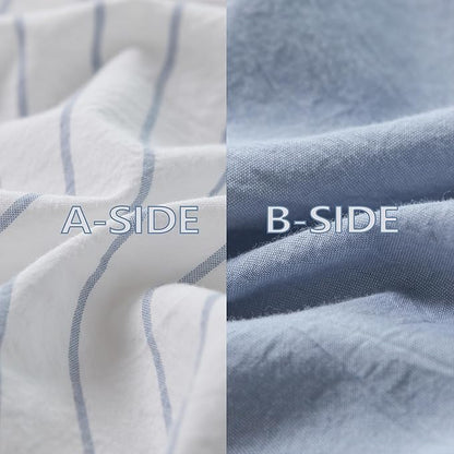 Reversible Duvet Cover Set 100% Washed Cotton Sky Blue Stripe Linen Feel Duvet Cover Twin Size with Zipper Closure & 2 Pillow Shams,Sky Blue/White Stripe Reverse Solid Sky Blue