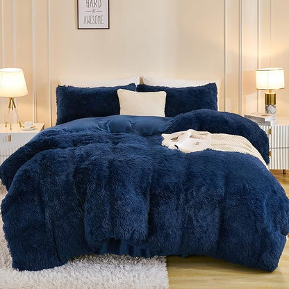 Andency Fluffy Navy Blue Comforter Set Full Size, 3 Pieces Winter Faux Fur Warm Soft Fuzzy Plush Bedding Comforter Set (1 Velvet Comforter & 2 Pillowcases), Thick Heavy Comfy Comforters Bedding Set
