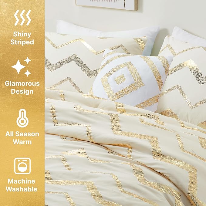 Codi Teen Bedding Set Twin Size, Cute Ivory & Gold Comforter Sets for College Dorm Girls, 3 Pieces - All Seasons Warm