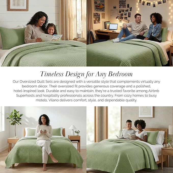 Southshore Fine Living, Inc. Oversized King Quilt Bedding Set, Pet Hair Resistant Bedding, Microfiber Lightweight Bedspread, California King Coverlet Set w/2 Pillow Shams, Sage Green Quilt