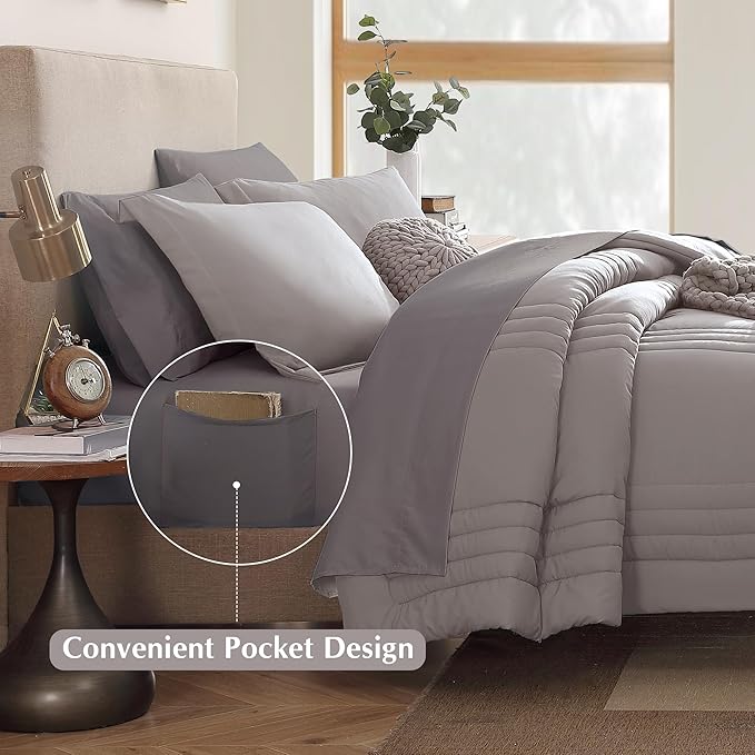 Monbix Queen Comforter Set - 7 Pieces Cloud Purple Bed in a Bag Queen Bedding Sets with Comforters, All Seasons Comforter Bed Set with Sheets, Pillowcases & Shams
