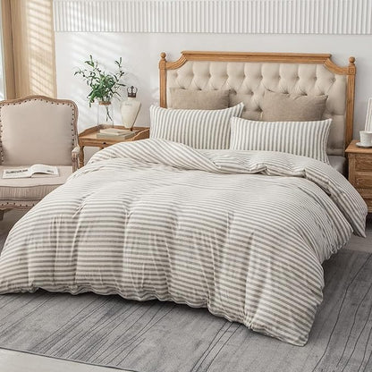 PURE ERA Jersey Knit Duvet Cover Set 100% T-Shirt Heather Cotton Super Soft Comfy Classic Striped Design, with Zipper Closure, Grey & White Stripe, Full