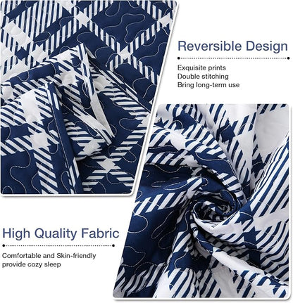 Plaid Quilt Set King Size - Ultra Soft Gingham Quilts Bedding Set with 2 Pillow Shams, Lightweight Reversible Striped Quilted Bedspread Coverlet 3 Pieces for Summer, 104"×90", Blue White