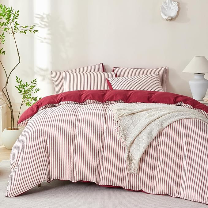 Striped Comforter Queen Brick Red Soft Luxury Washed Microfiber Jacquard 3 Pieces Bedding, White Brick Red Vertical Ticking Stripes Pattern Comforter with 2 Pillowcases Breathable Durable Comfy