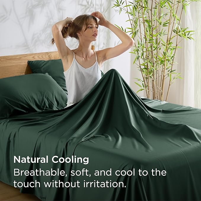 Bedsure Queen Sheet Set, Rayon Derived from Bamboo, Cooling Sheets, PureWoven, Breathable & Soft, Deep Pocket Up to 16 Inches, Hotel Luxury Silky Bedding for Hot Sleepers, Forest Green
