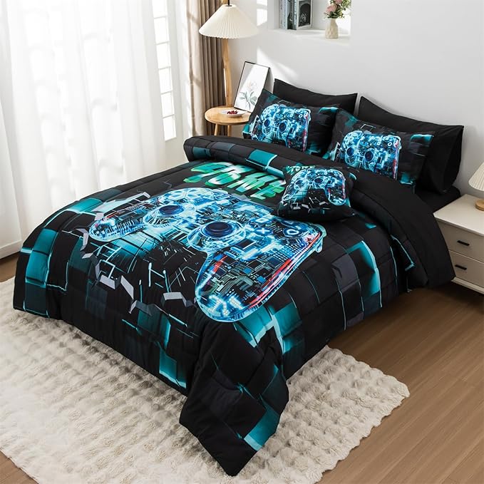Aimuan Gamer Gaming Bedding Sets 3D Gamepad Comforter Sets for Boys Games Console Action Buttons Novelty Colorful Game Controller Modern Room Decor Home Quilt Set (Cyan, Twin 6PCS)