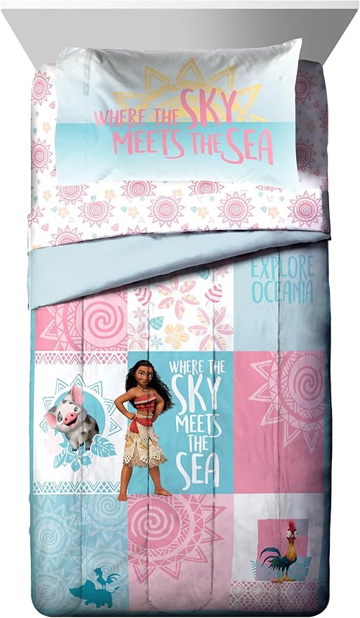 Jay Franco Disney Moana Twin Comforter Set â€“ Tropical Patchwork 5 Piece Bedding Features Pua and HEI HEI - Includes Sheet Set & Pillow Covers - Super Soft Kids Microfiber Bed Set