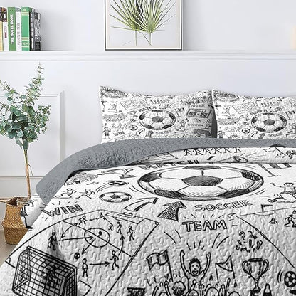 Quilt Set Twin Size, Game Soccer Painting 2 Pcs Soft Bed Cover Bedding Set for Kids and Adults, Football Ball Cup Sport Lightweight Bedspread Coverlet with Pillow Sham for All Season