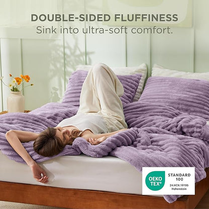 Bedsure King Comforter - GentleSoft™ 3 Pieces Double-Side Fleece Fluffy Lavender Comforter Set, Cozy Striped Room Decor Aesthetic, Luxury King Size Bedding with 2 Pillowcases, 104x90 Inches