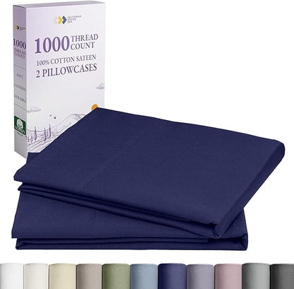 California Design Den King Pillow Cases Set of 2-1000 Thread Count Sateen, Soft and Thick 100% Cotton King Size Pillow Cases, Durable - Navy Blue