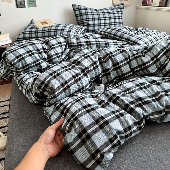 EAVD Vintage Gingham Comforter Set Queen Soft 100% Washed Cotton Chic Light Blue Grey Buffalo Plaid Comforter Set with 2 Pillowcases Farmhouse Geometric Pattern Bedding Set for All-Season