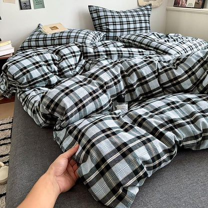 EAVD Vintage Gingham Comforter Set Queen Soft 100% Washed Cotton Chic Light Blue Grey Buffalo Plaid Comforter Set with 2 Pillowcases Farmhouse Geometric Pattern Bedding Set for All-Season