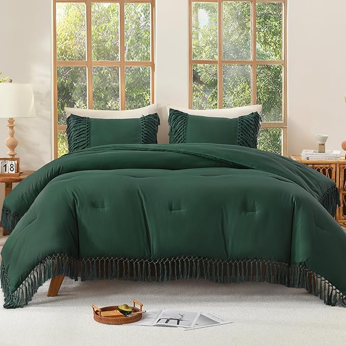 Andency Emerald Comforter Set California King, 3 Pieces Boho Tassel Lightweight Soft Bedding Comforter Sets for King Bed, All Season Fluffy Fringe Bed Set (104x96In Comforter & 2 Pillowcases)