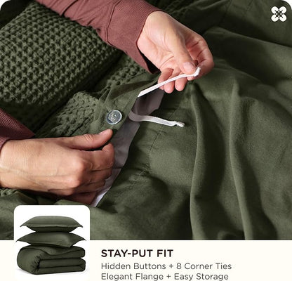 Bedsure Cotton Duvet Cover King - 100% Cotton Waffle Weave Olive Green Duvet Cover King Size, GentleSoft™ and Breathable Bedding Set for All Season, 3 Pieces, 104"x90"